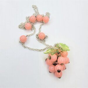 PINK Grape Motif Cluster Round Beads with Green Glass Leaf Necklace